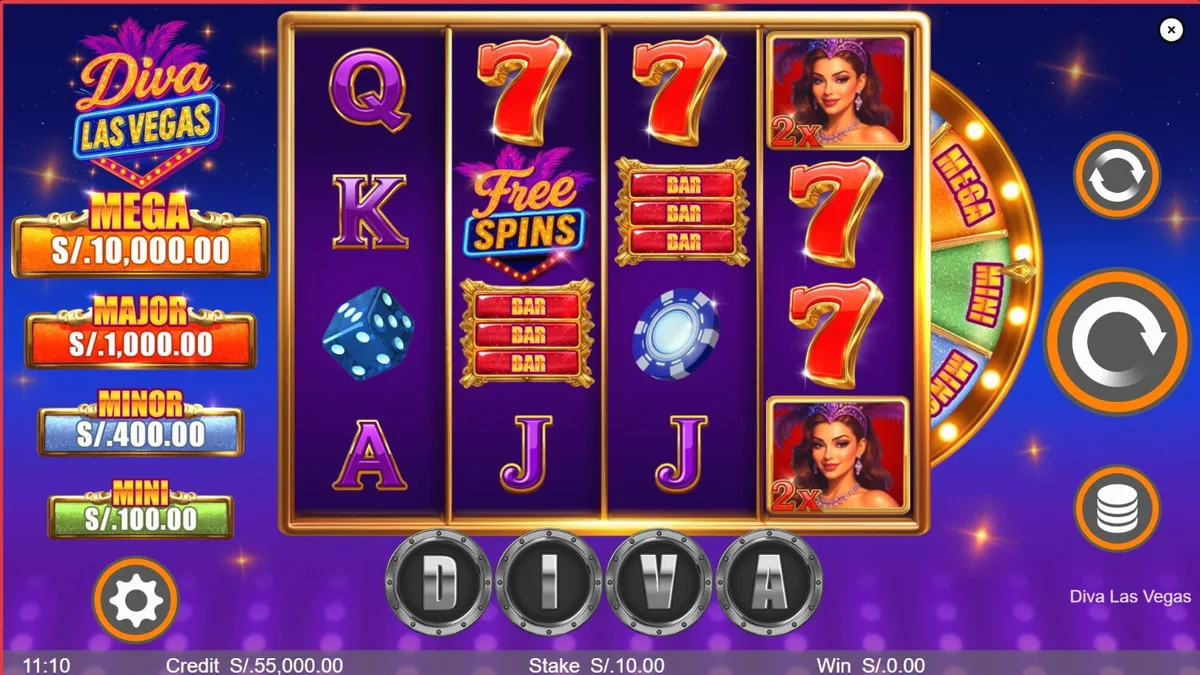 Interface do jogo de slot Diva Las Vegas com luzes de neon e símbolos de cassino