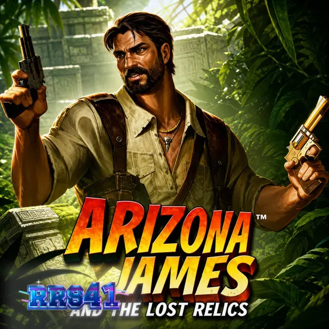 Captura de tela do jogo Arizona James and the Lost Relics em um dispositivo móvel, mostrando a grade de Cluster Pays e os símbolos temáticos de aventura.